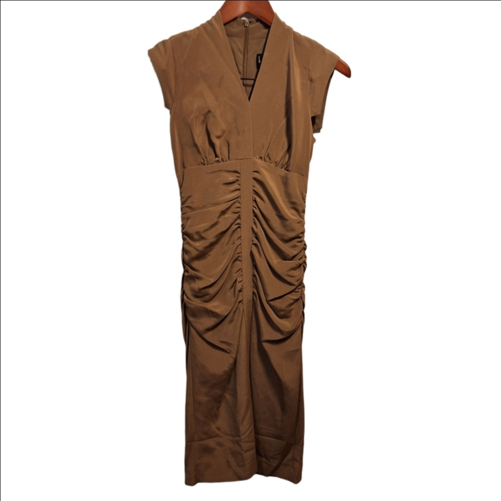Nicole Miller Tan Brown  Ruched Midi Dress 0